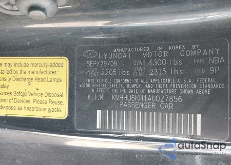 2010 Hyundai Genesis 3.8 Track z USA, uszkodzony, nr VIN KMHHU6KH1AU027856